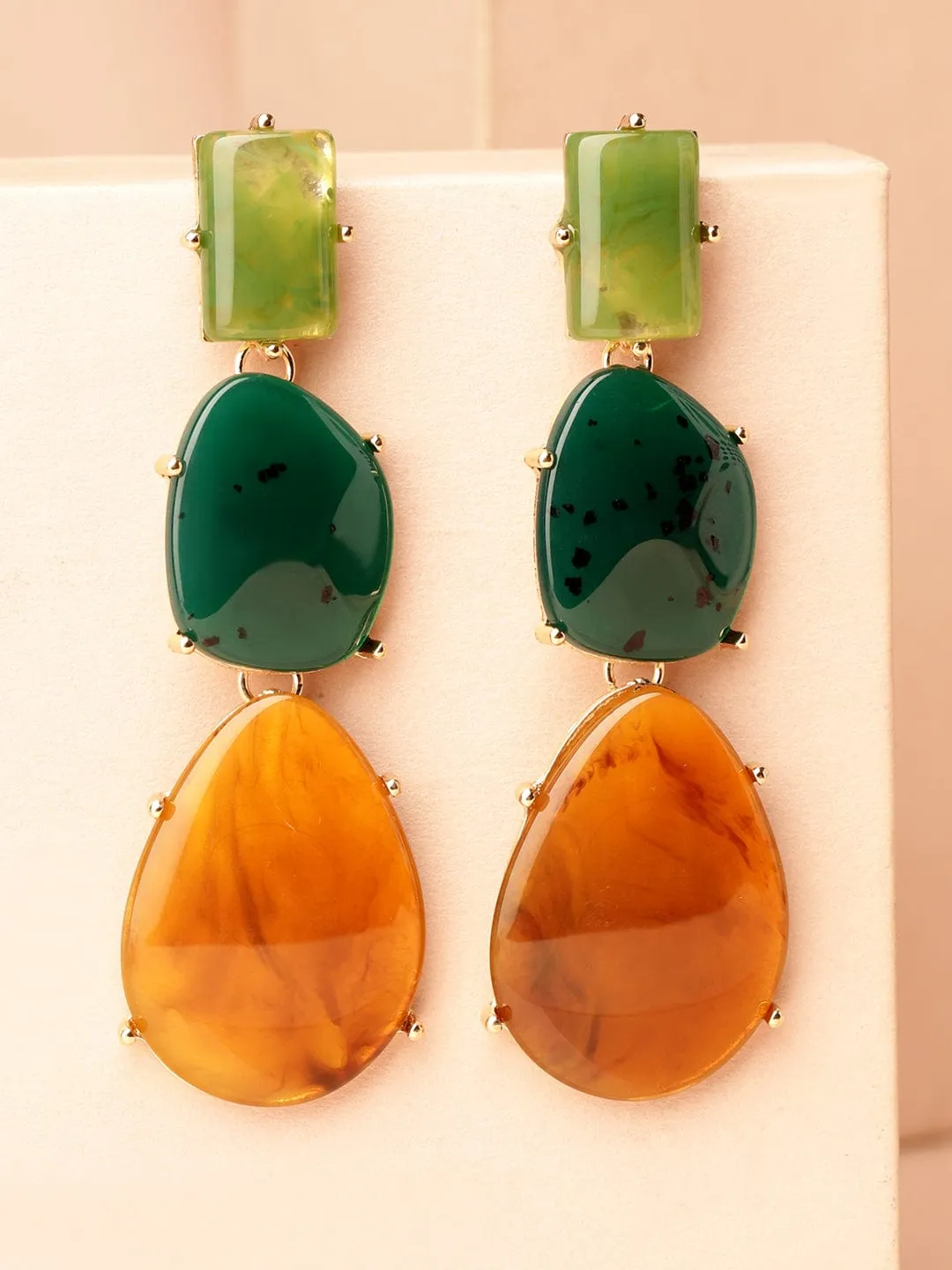 Rubans 18K Gold-Plated Green & Amber Beaded Stylish Drop Earrings