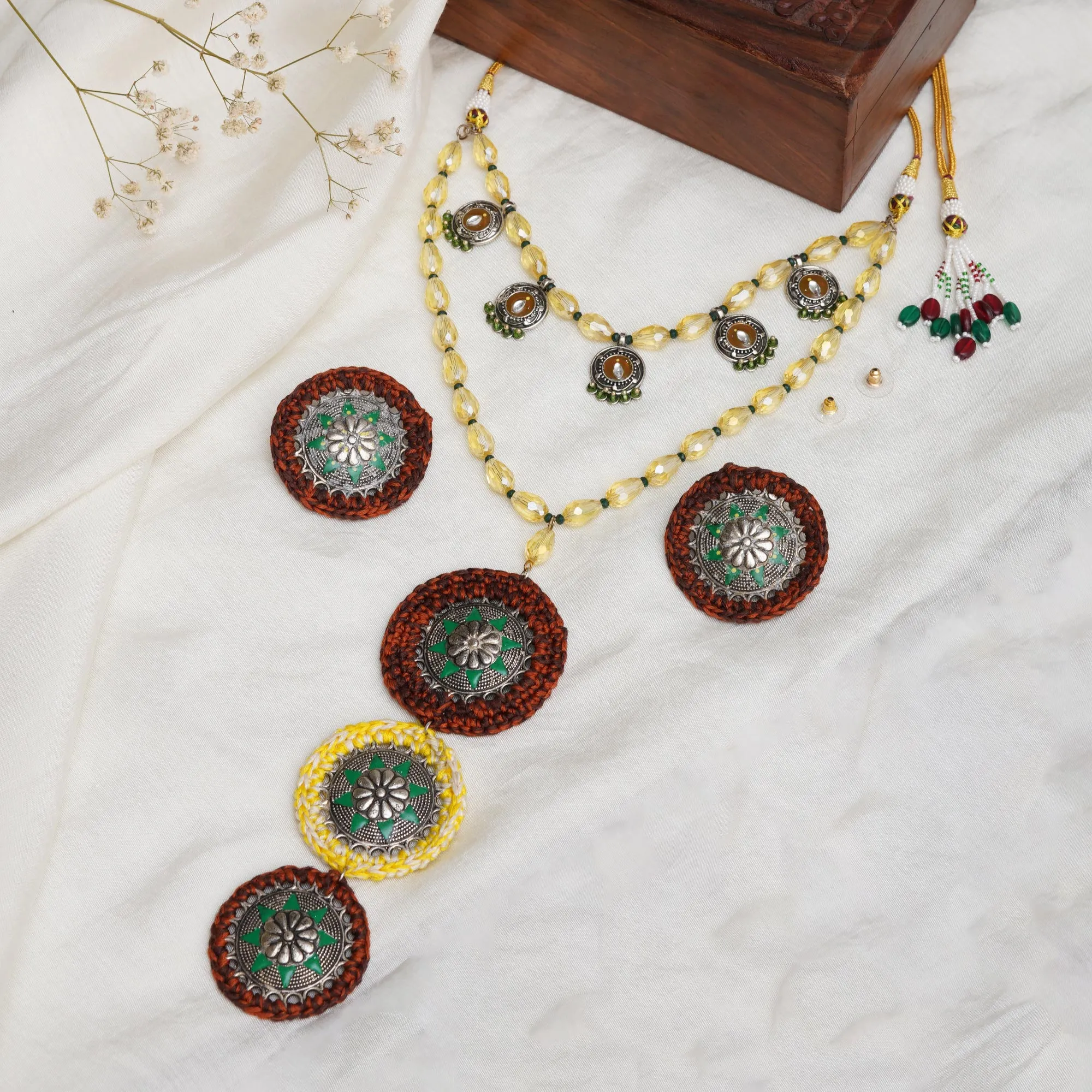 Rustic Floral Motif Hand Crochet Necklace with Matching Earrings