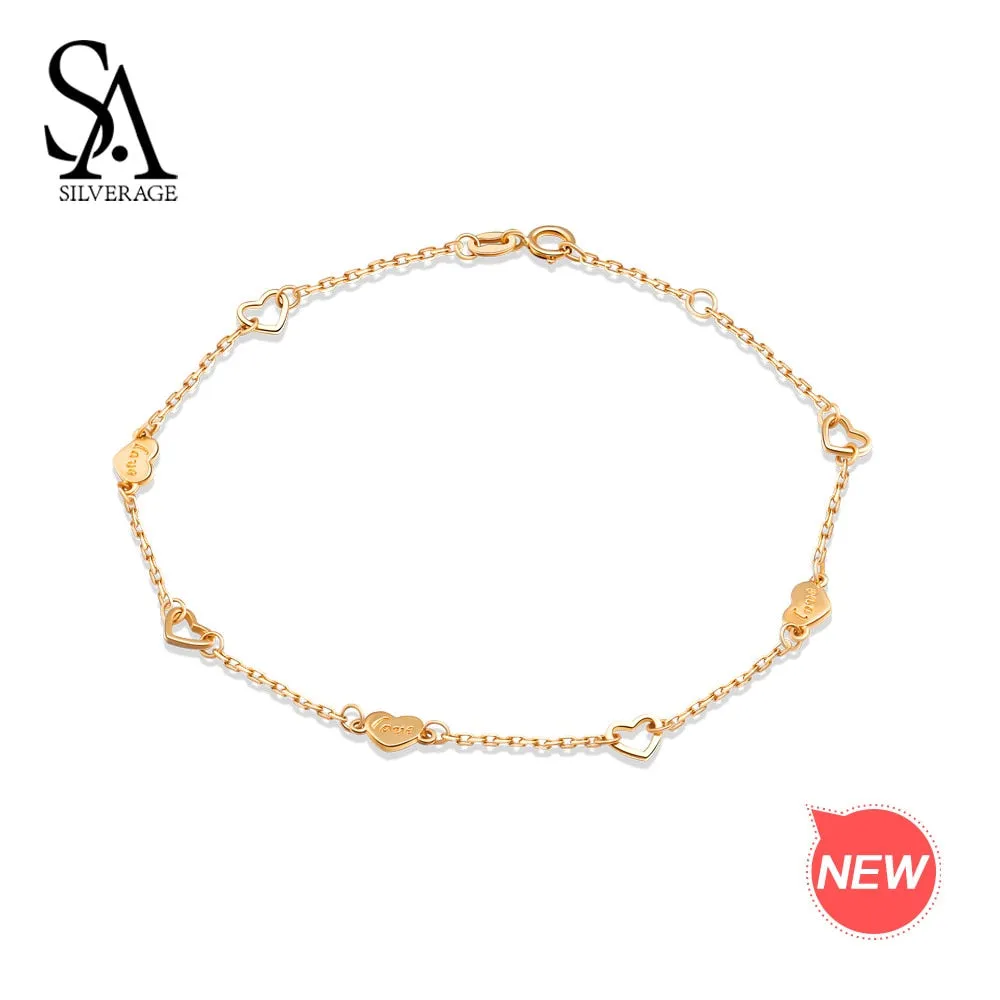 SA SILVERAGE 14K Yellow Gold Chain Link Bracelets Bangles for Women Love Heart Shape Charm Bracelet Fine Jewelry