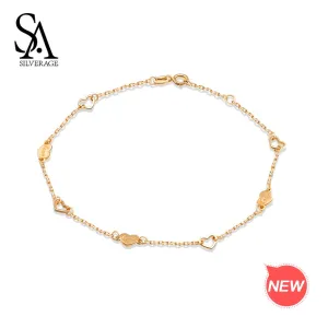 SA SILVERAGE 14K Yellow Gold Chain Link Bracelets Bangles for Women Love Heart Shape Charm Bracelet Fine Jewelry