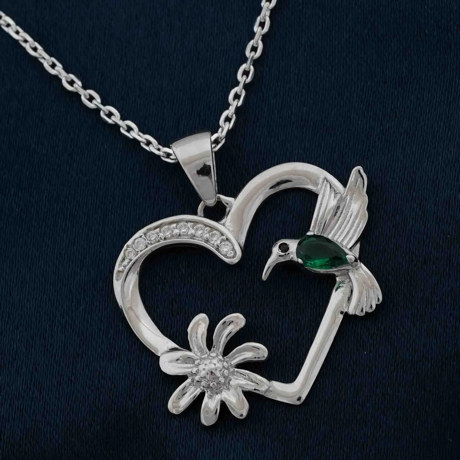 Silver Hummingbird Green Emerald Pendant