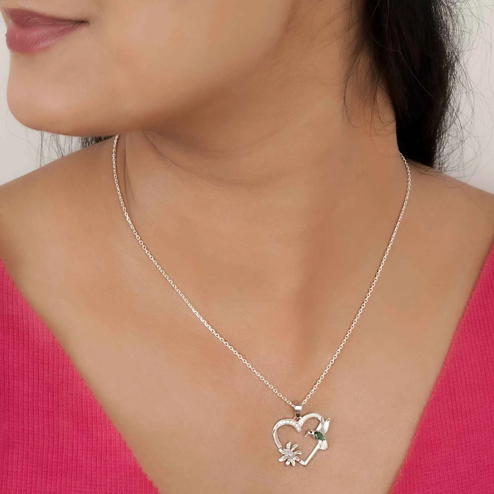 Silver Hummingbird Green Emerald Pendant