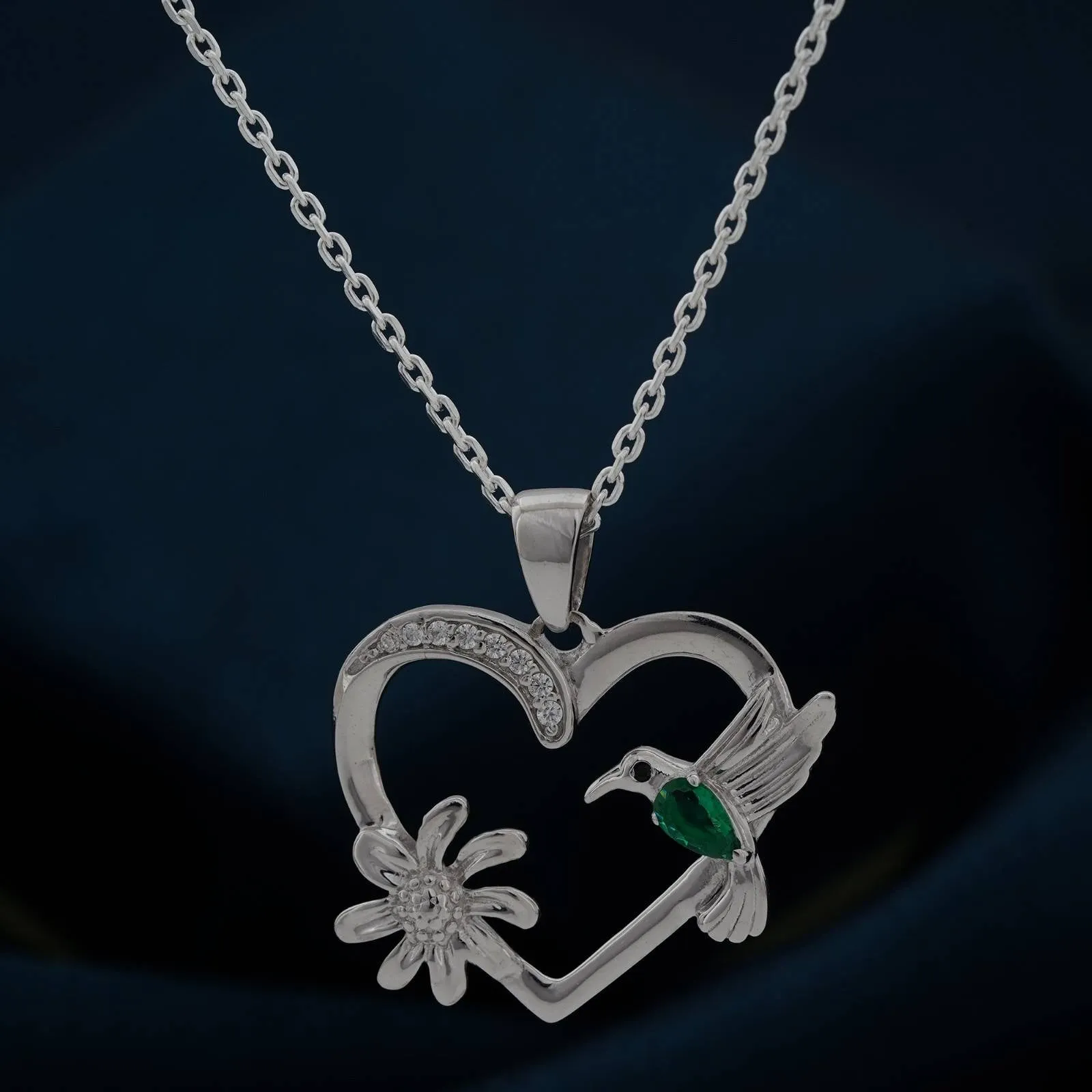 Silver Hummingbird Green Emerald Pendant