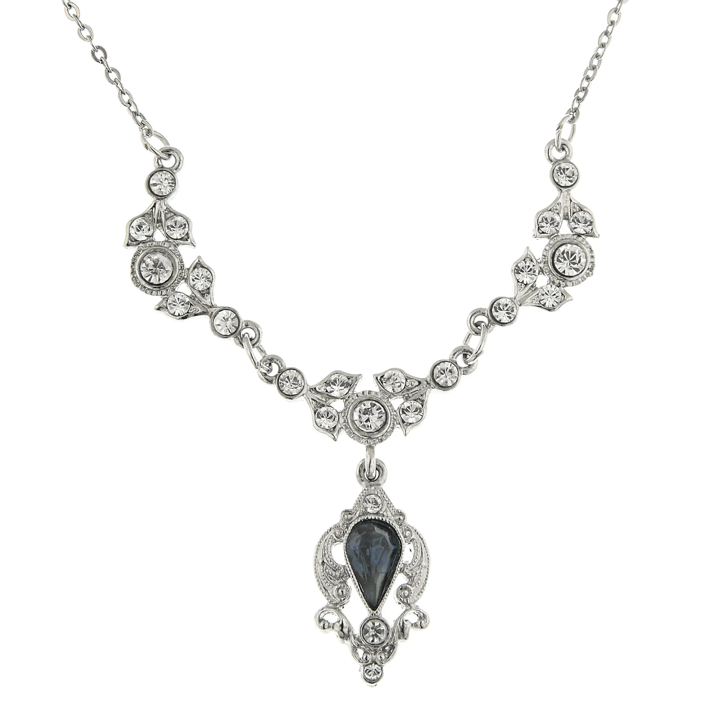 SILVER-TONE BLUE COLOR AND CRYSTAL BELLE EPOCH DROP NECKLACE 16 ADJ. 17507
