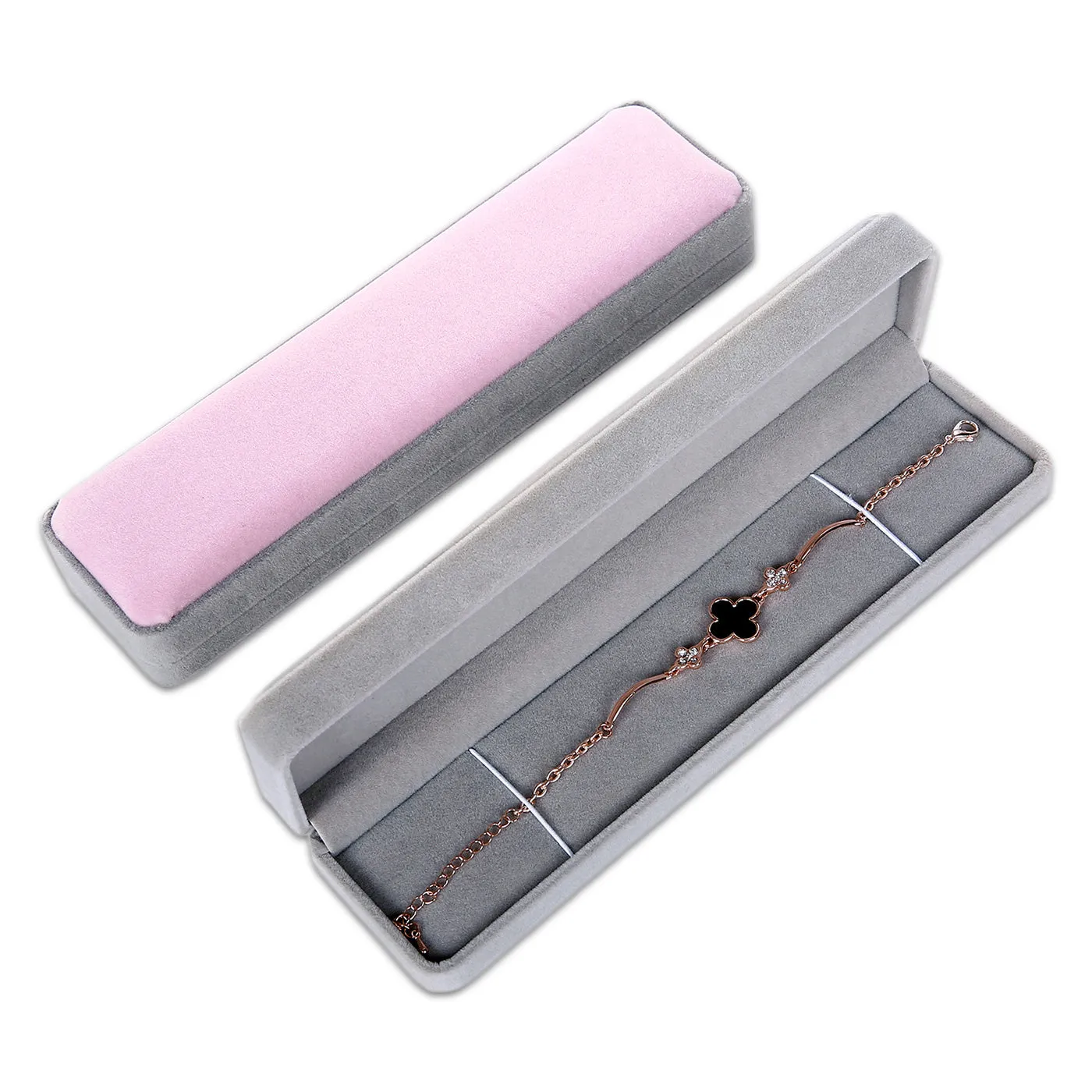Single Deluxe Plush Gray with Pink Top Velvet Bracelet/Necklace Jewelry Box
