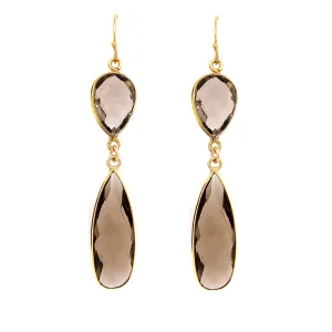 Smokey Quartz Regal Double Earring Drops, Gold