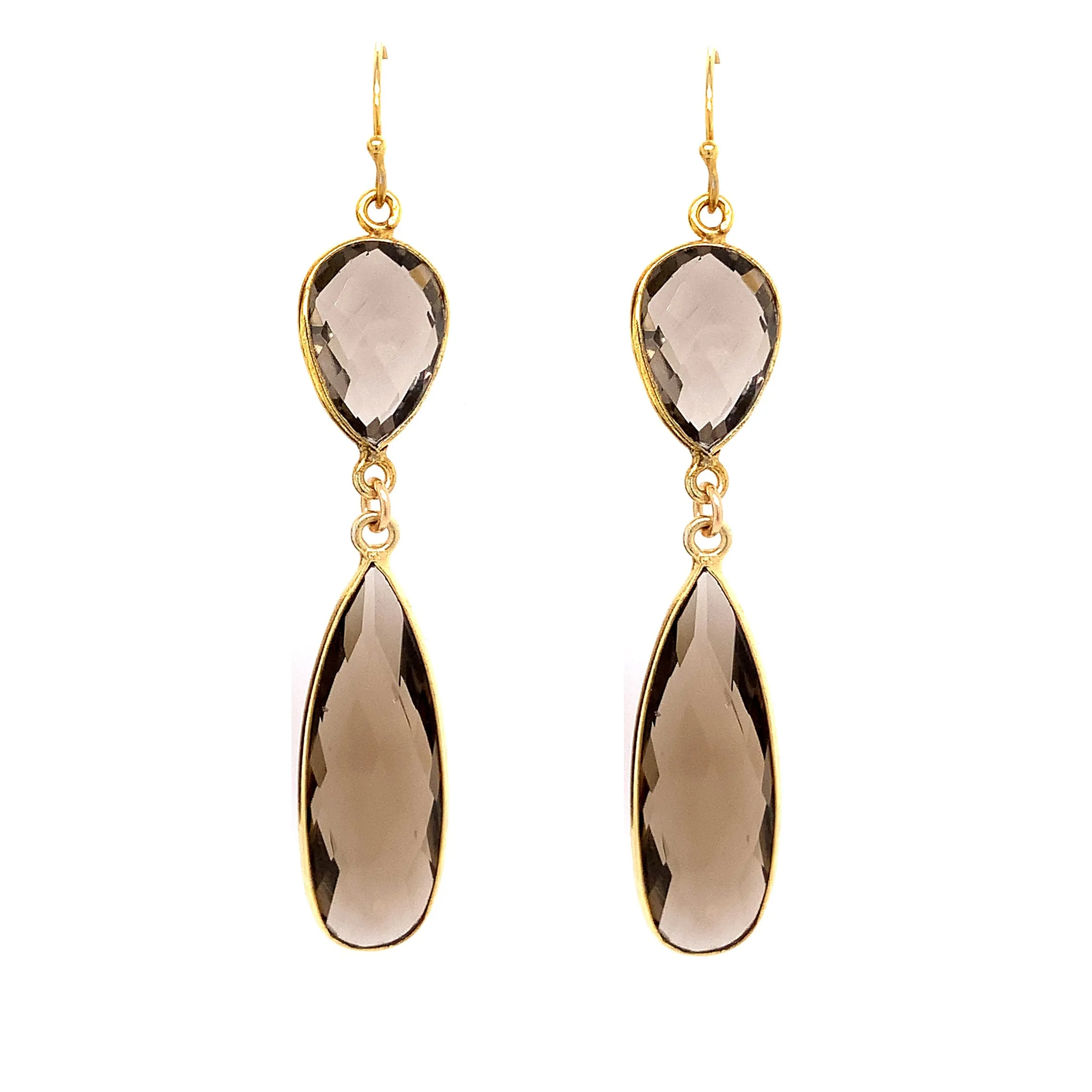 Smokey Quartz Regal Double Earring Drops, Gold