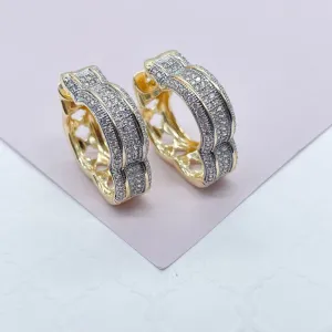 Sophisticated Luxury Jewel 18k Gold Filled Clear Micro Pave Cubic Zirconia Clicker Hoop Earrings In A Clover Shape Party Nightlife Outfit