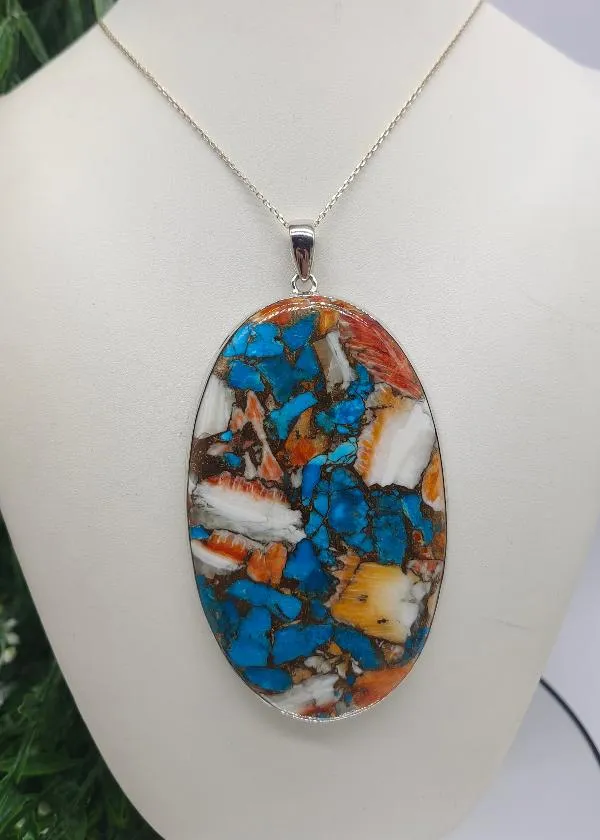 Spiny Oyster Arizona Turquoise 925 Sterling Silver Oval Pendant