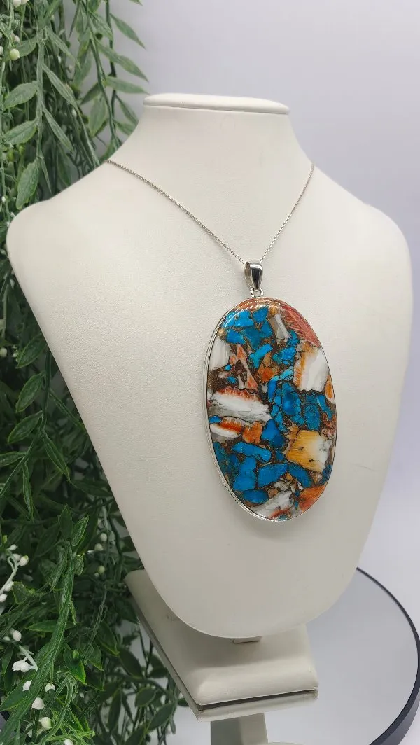 Spiny Oyster Arizona Turquoise 925 Sterling Silver Oval Pendant