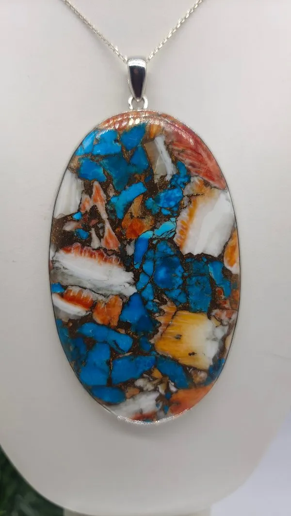 Spiny Oyster Arizona Turquoise 925 Sterling Silver Oval Pendant