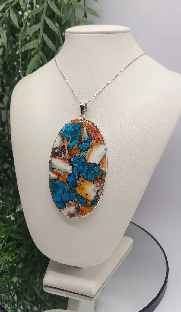 Spiny Oyster Arizona Turquoise 925 Sterling Silver Oval Pendant