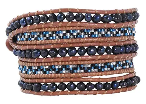 Stackable Bohemian Bracelet for Women Layering Freshwater Cultured Pearl Beaded Leather Boho Wrap Bracelet Hippie Multi Layered Bracelets for Women