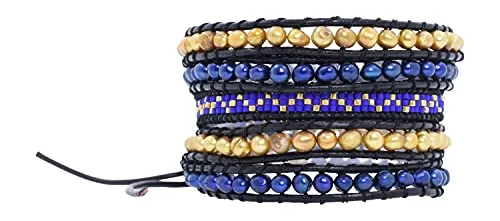 Stackable Bohemian Bracelet for Women Layering Freshwater Cultured Pearl Beaded Leather Boho Wrap Bracelet Hippie Multi Layered Bracelets for Women