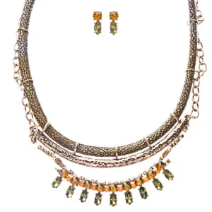 Statement Multi Layered Hammered Fabric Stone Antique Gold Necklace Set Green