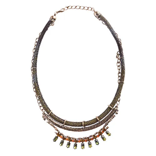 Statement Multi Layered Hammered Fabric Stone Antique Gold Necklace Set Green
