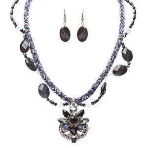 Statement Yarn Braided Crystal Rhinestone Stone Necklace Set Antique Gold Black