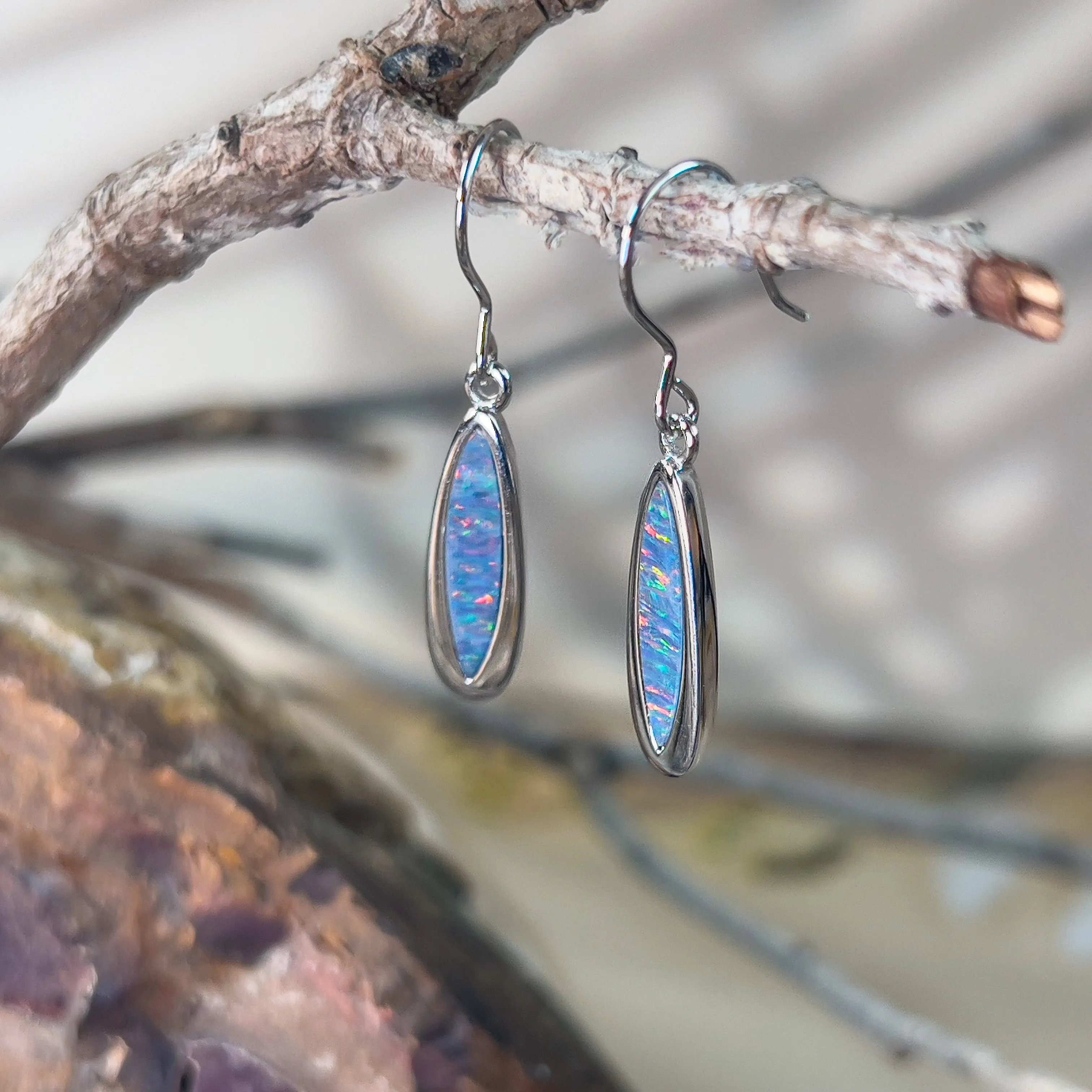 Sterling Silver dangling pearshape earrings Opal doublets