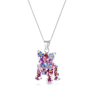 Sterling Silver French Bulldog Pendant with Real Flowers