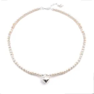 Sterling Silver Freshwater Pearl Beaded Necklace With Puffed Heart Pendant