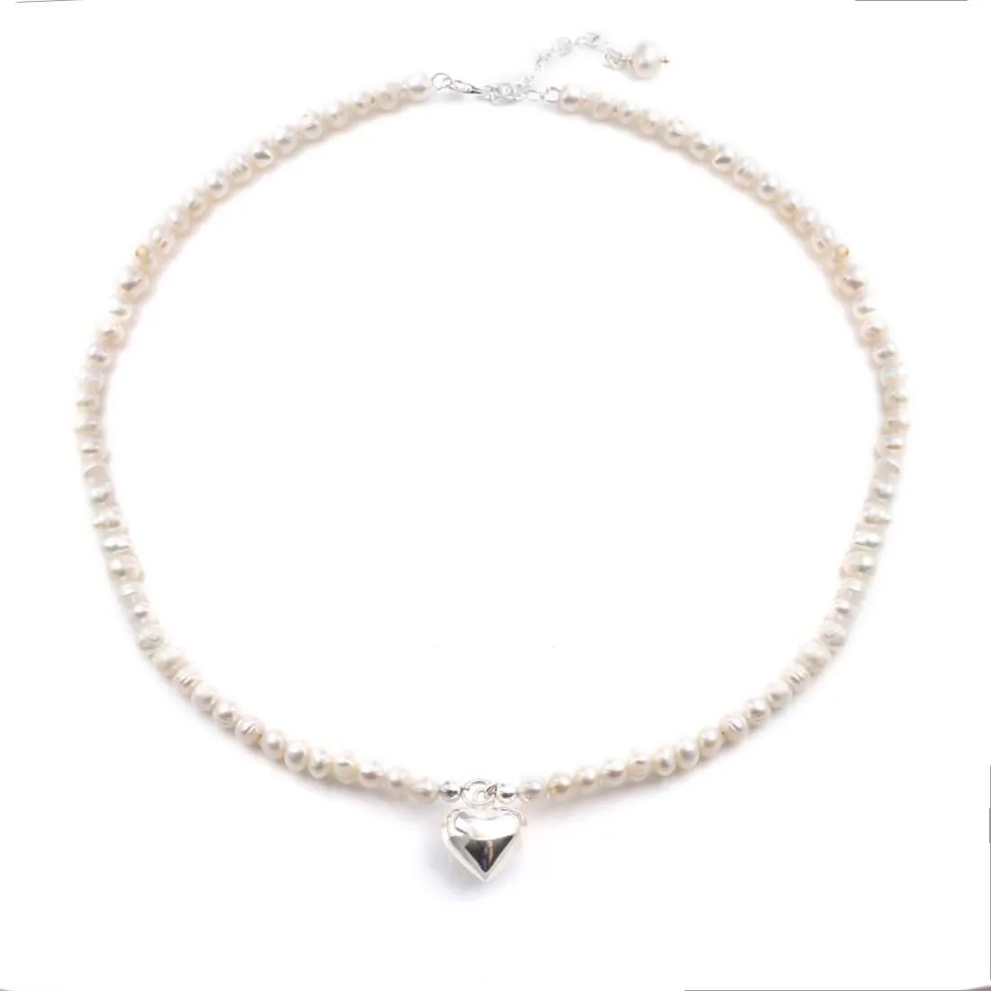 Sterling Silver Freshwater Pearl Beaded Necklace With Puffed Heart Pendant