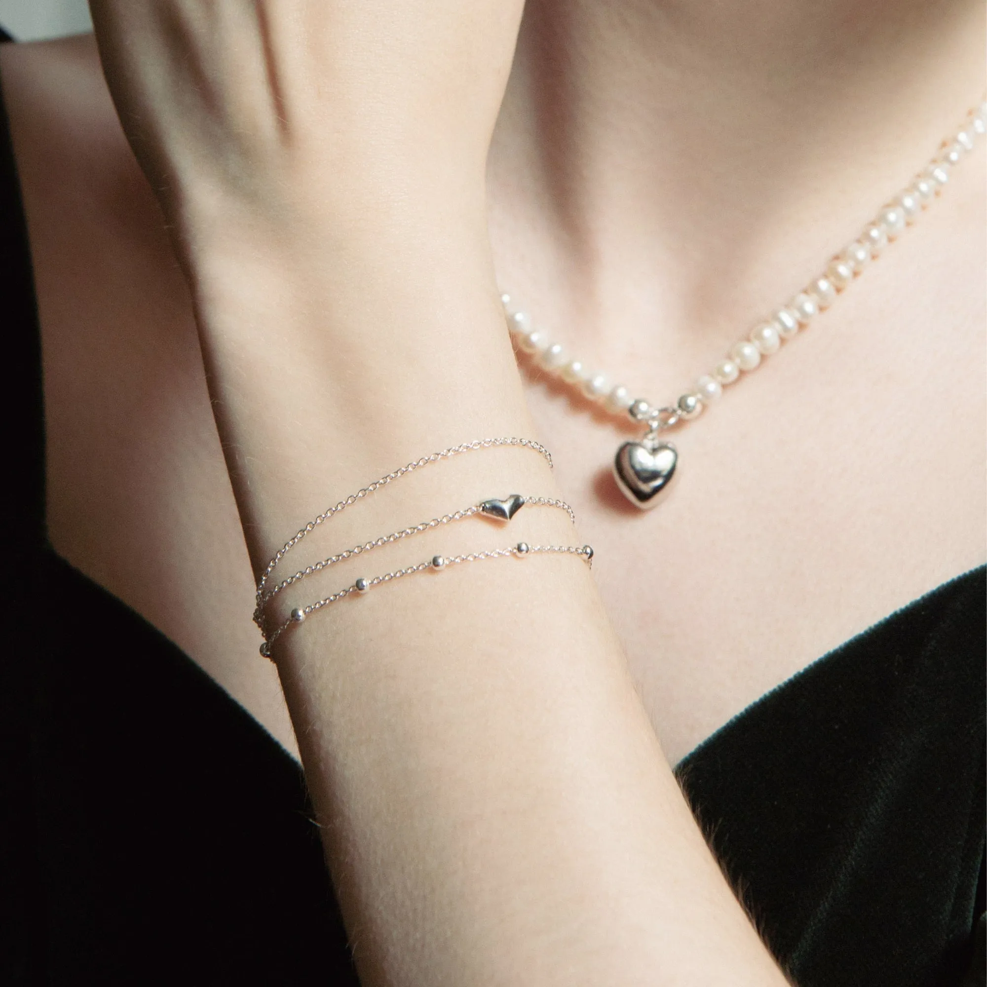 Sterling Silver Freshwater Pearl Beaded Necklace With Puffed Heart Pendant