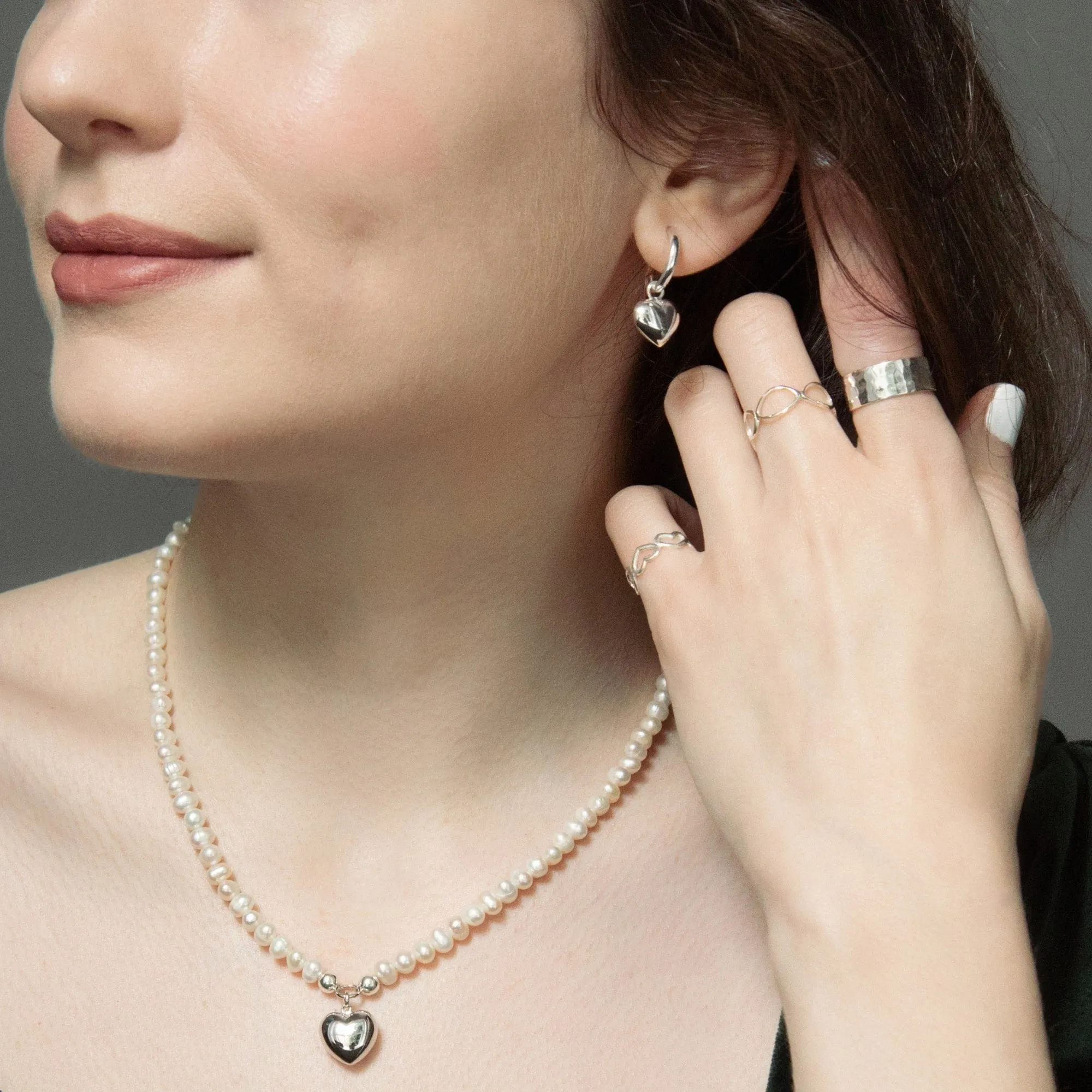 Sterling Silver Freshwater Pearl Beaded Necklace With Puffed Heart Pendant