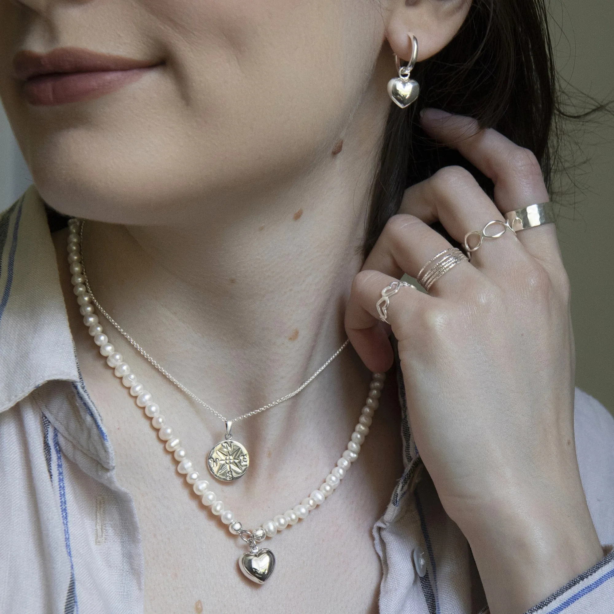 Sterling Silver Freshwater Pearl Beaded Necklace With Puffed Heart Pendant