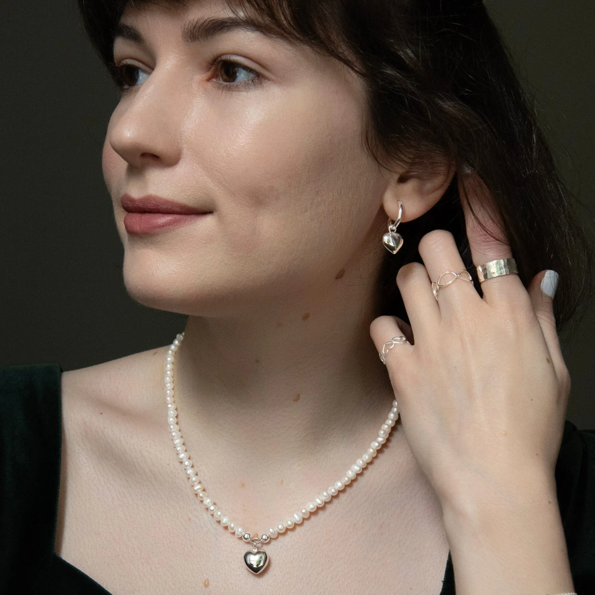 Sterling Silver Freshwater Pearl Beaded Necklace With Puffed Heart Pendant