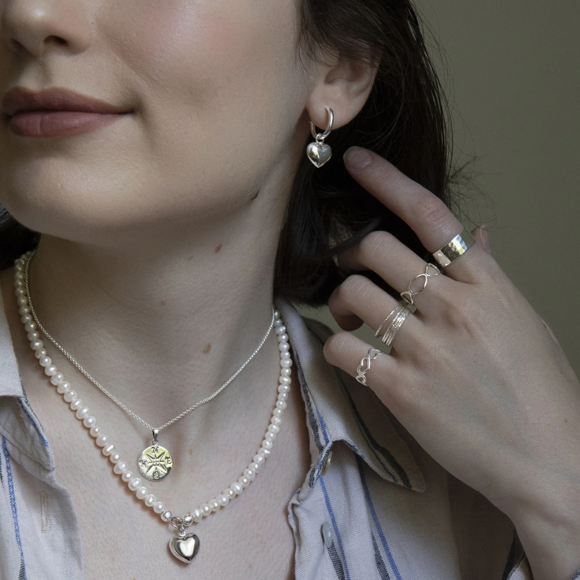 Sterling Silver Freshwater Pearl Beaded Necklace With Puffed Heart Pendant