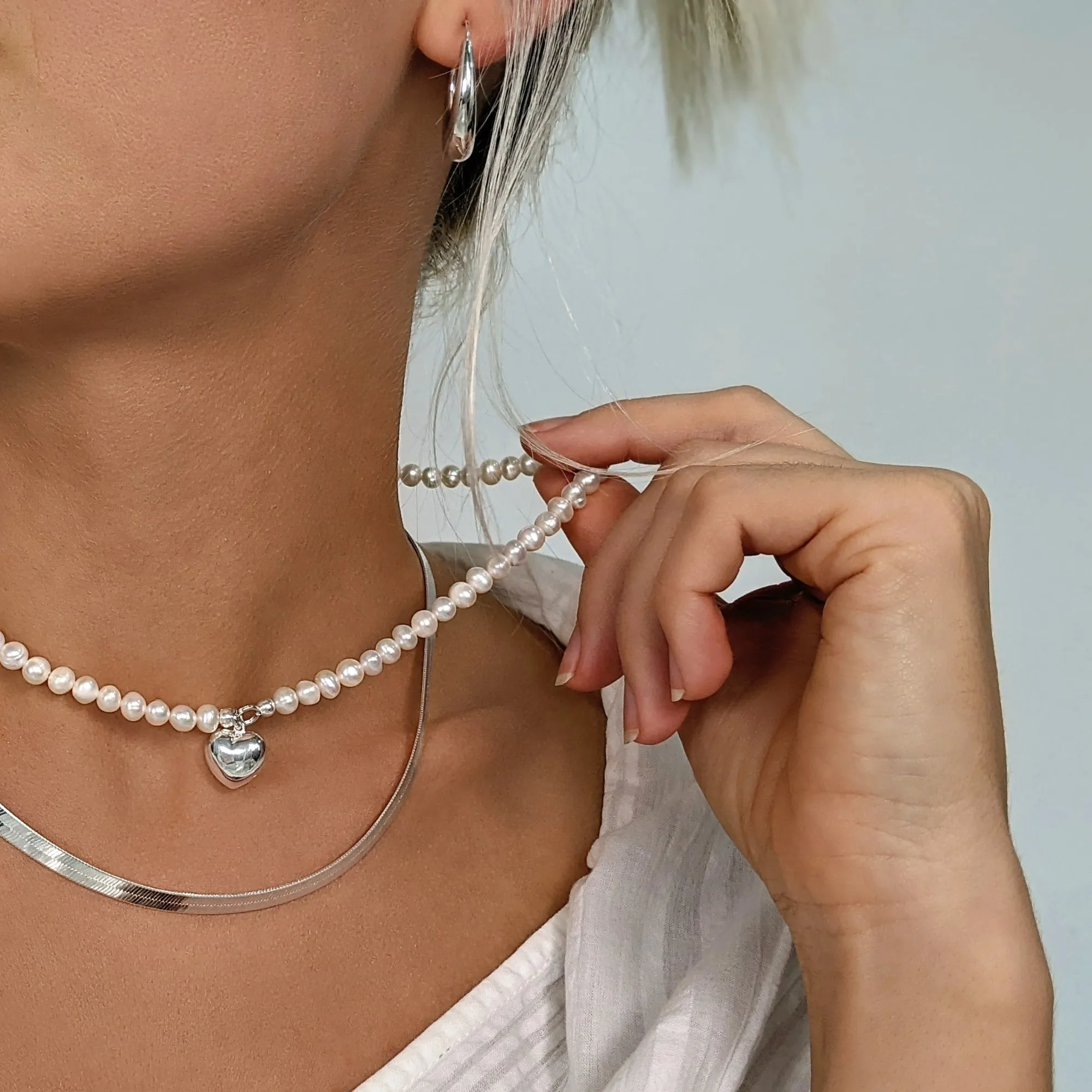 Sterling Silver Freshwater Pearl Beaded Necklace With Puffed Heart Pendant