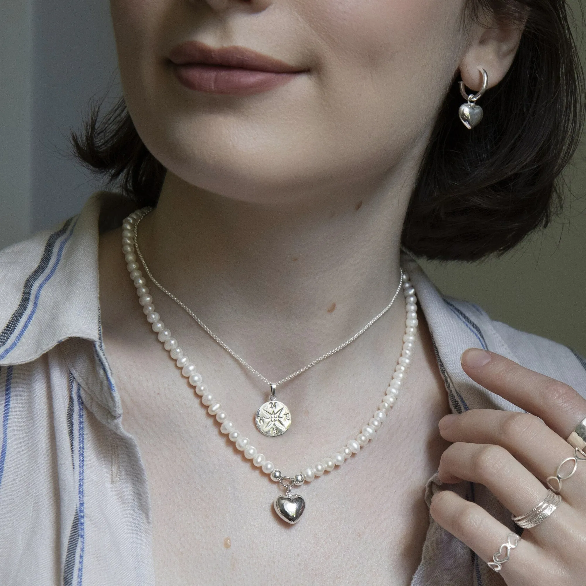 Sterling Silver Freshwater Pearl Beaded Necklace With Puffed Heart Pendant