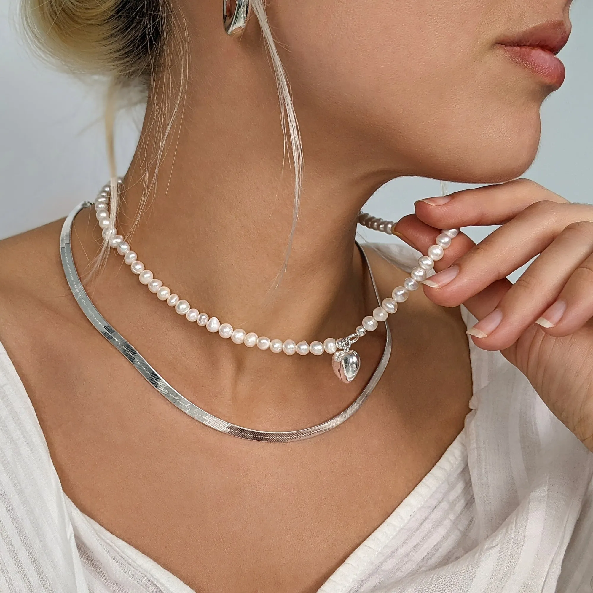 Sterling Silver Freshwater Pearl Beaded Necklace With Puffed Heart Pendant