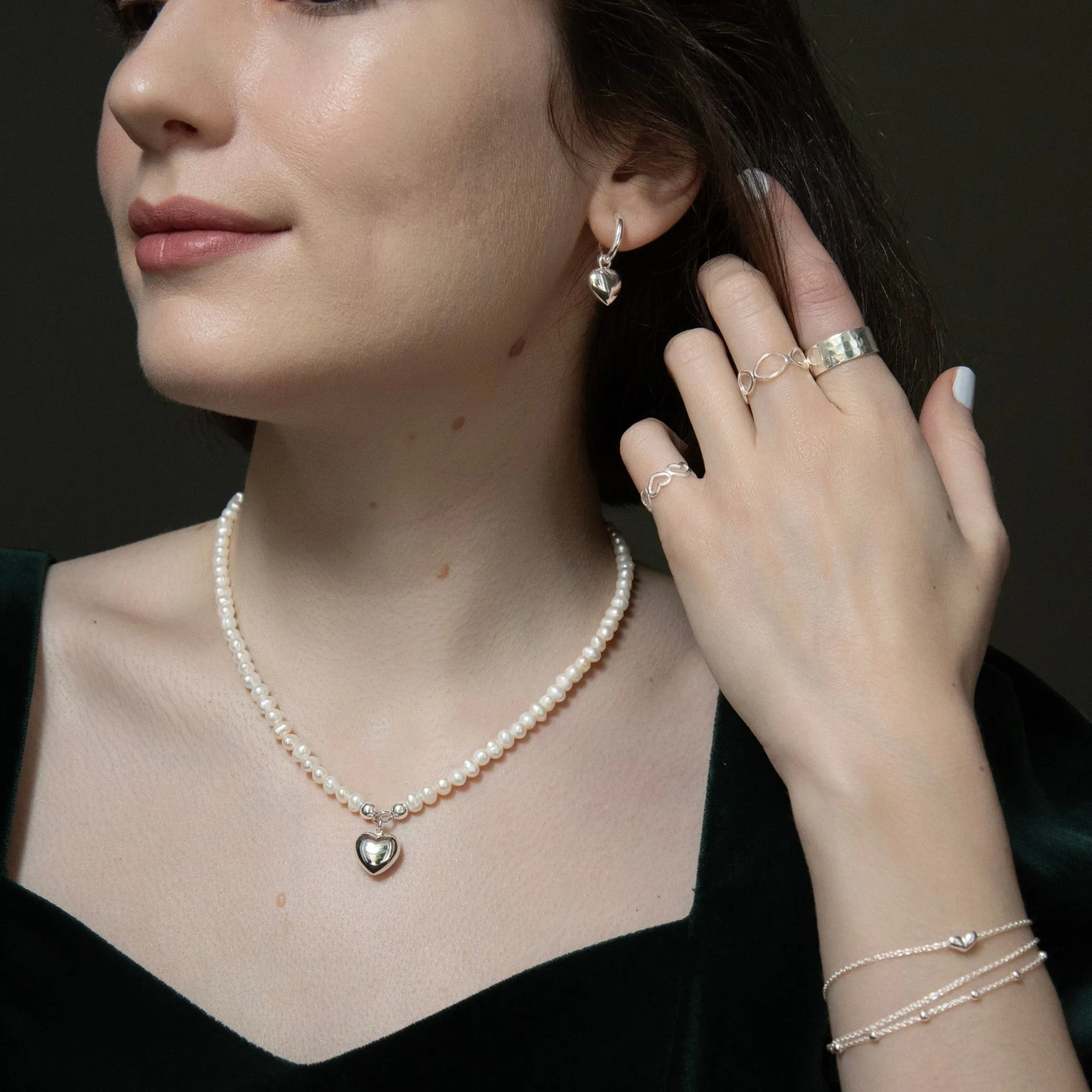 Sterling Silver Freshwater Pearl Beaded Necklace With Puffed Heart Pendant
