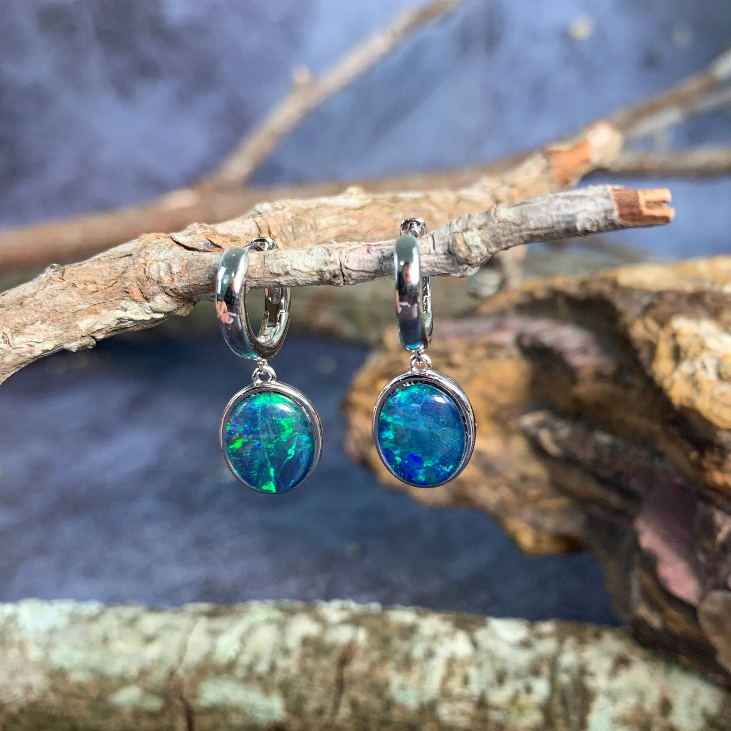 Sterling Silver huggie dangling Opal triplet earrings