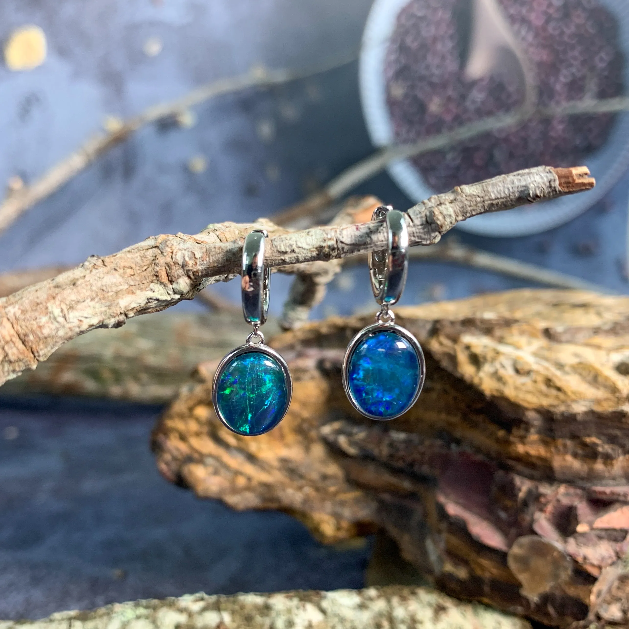 Sterling Silver huggie dangling Opal triplet earrings