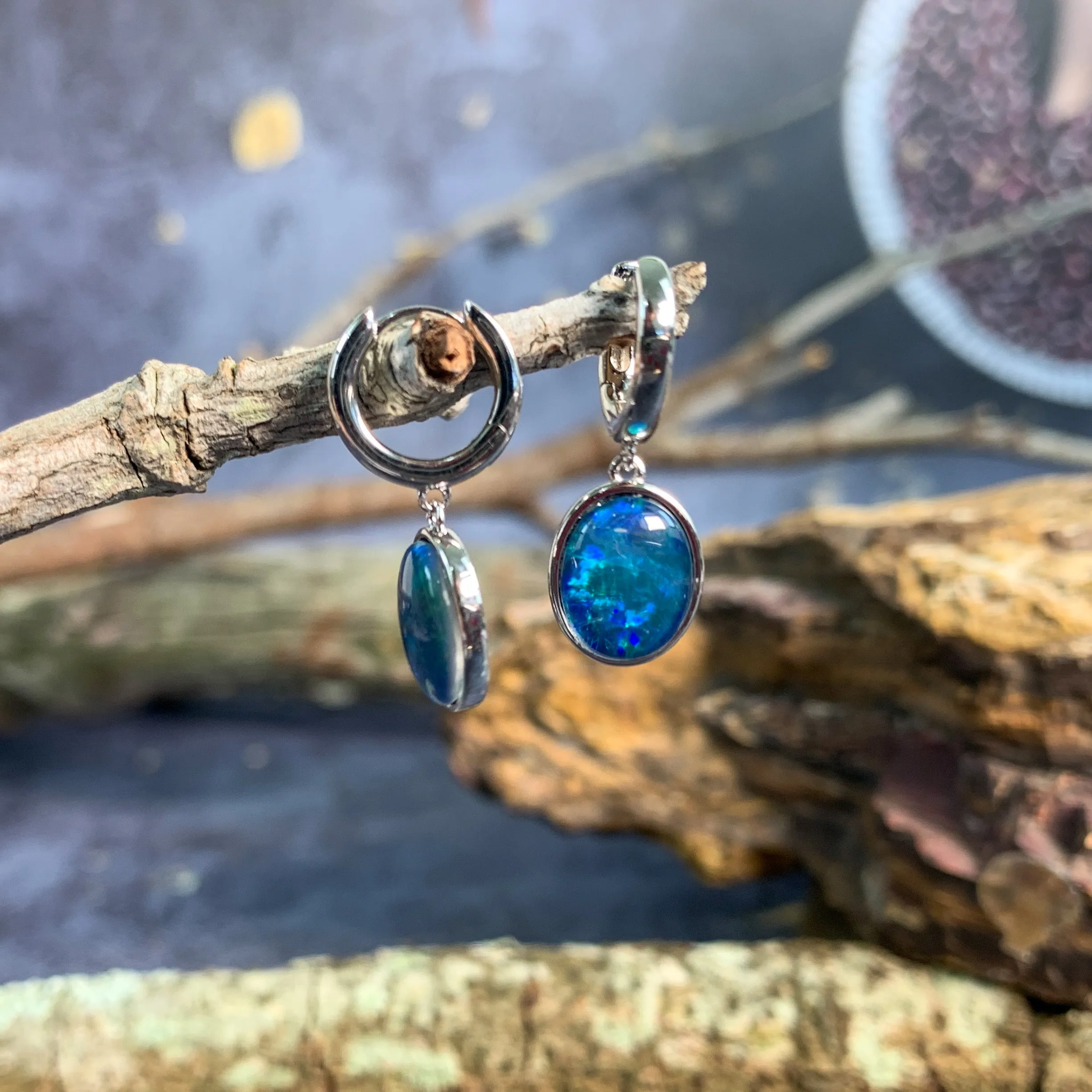 Sterling Silver huggie dangling Opal triplet earrings
