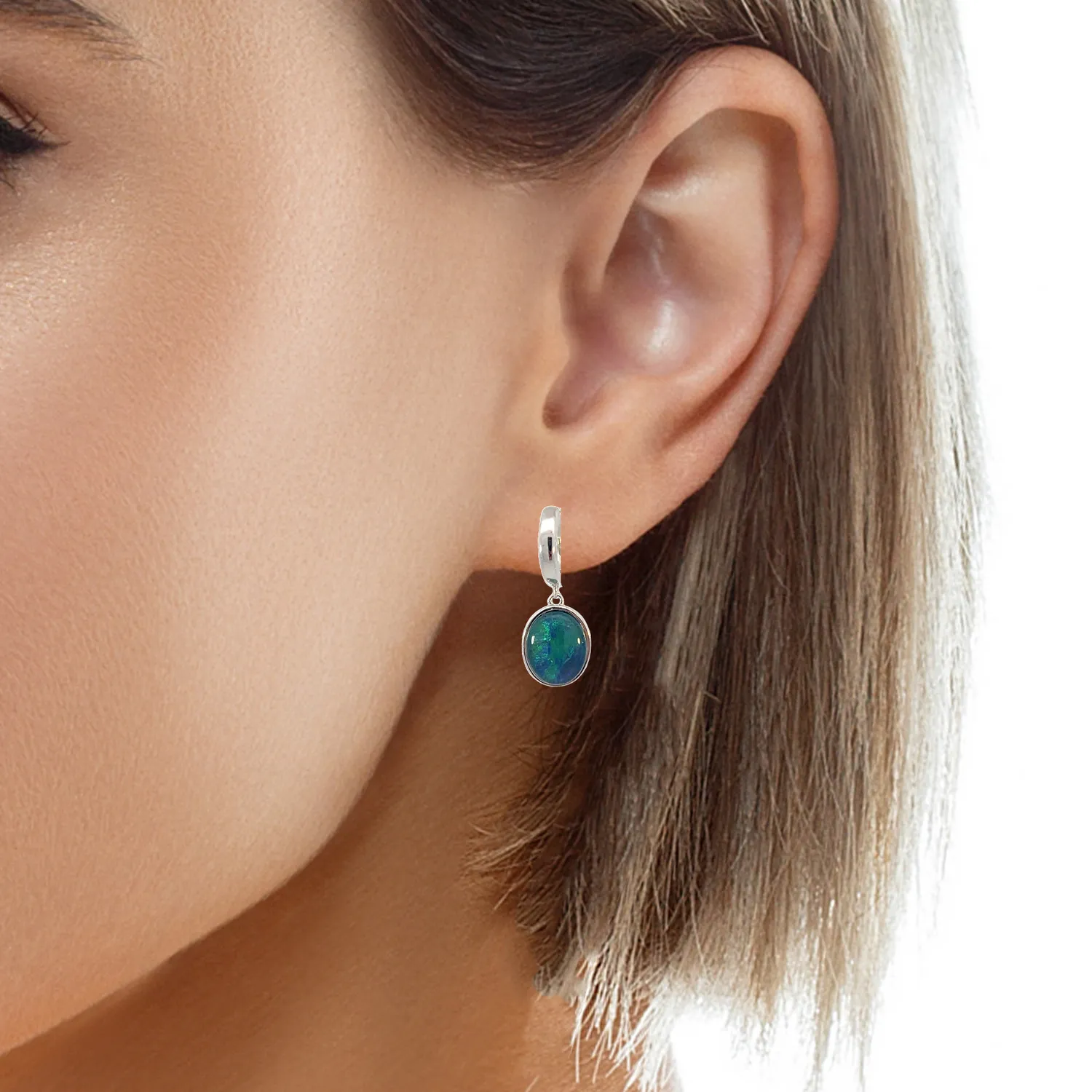 Sterling Silver huggie dangling Opal triplet earrings