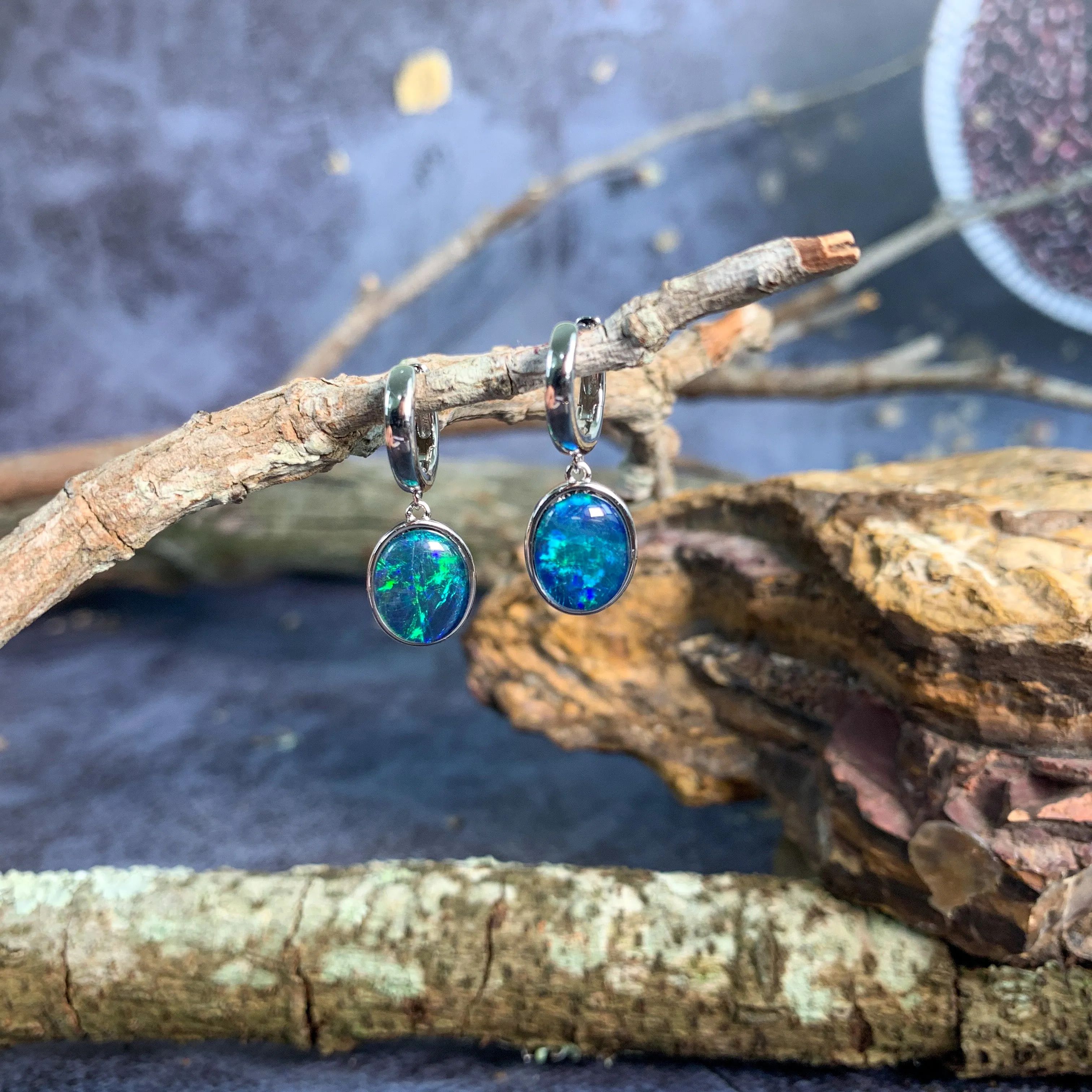 Sterling Silver huggie dangling Opal triplet earrings