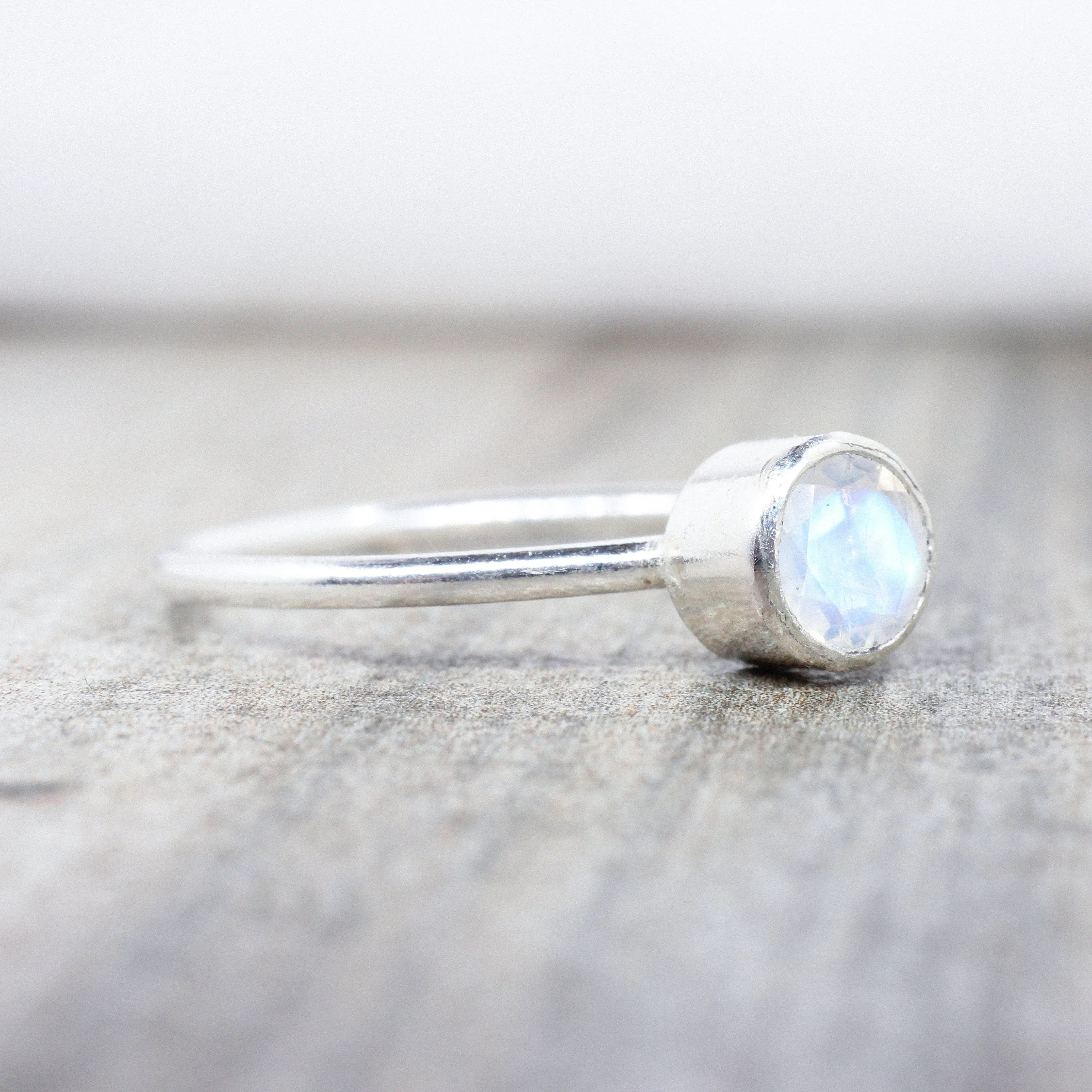 Sterling Silver Moonstone Stacking Ring // 5mm Faceted Gemstone June Birthstone Stackable Ring // Genuine Rainbow Moonstone