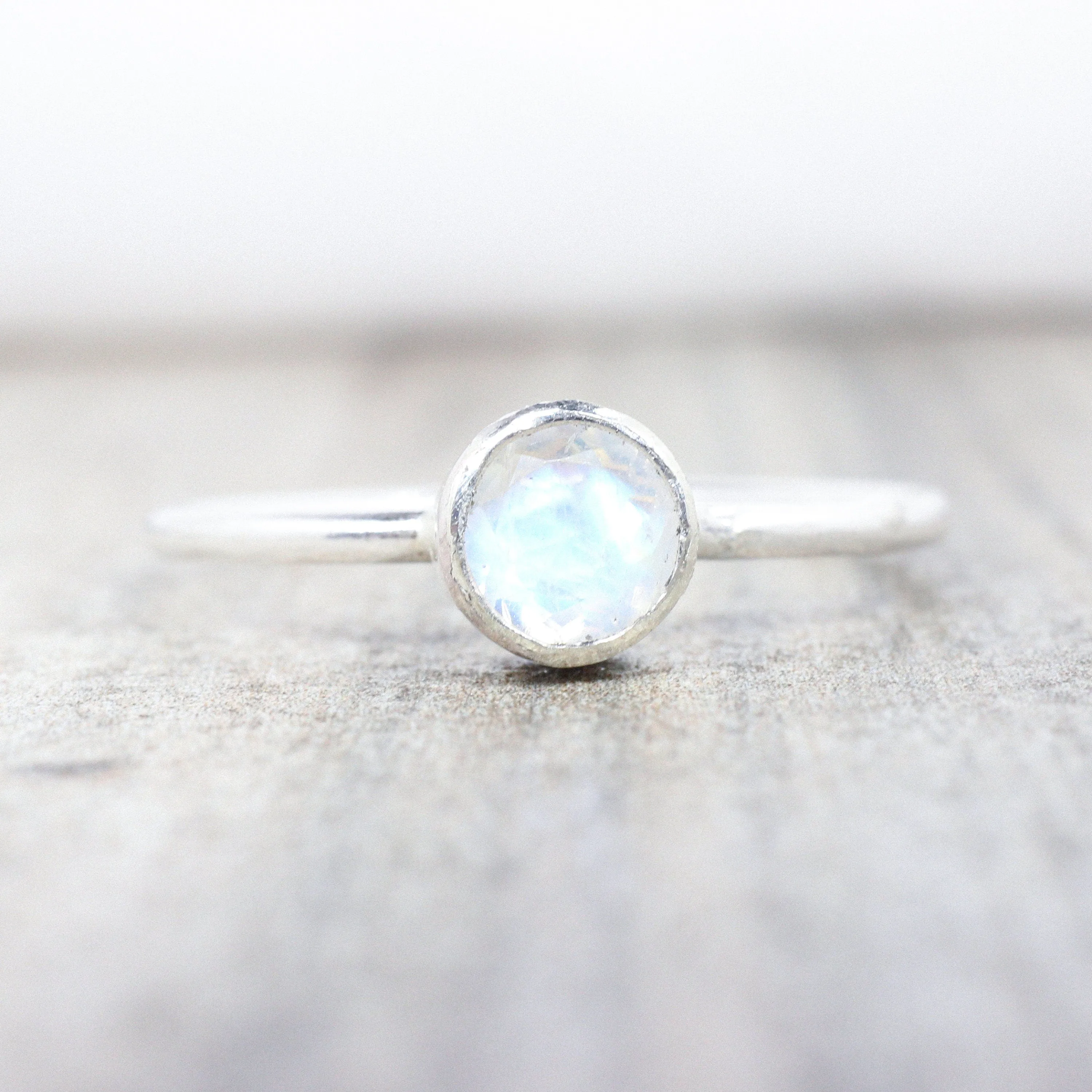 Sterling Silver Moonstone Stacking Ring // 5mm Faceted Gemstone June Birthstone Stackable Ring // Genuine Rainbow Moonstone