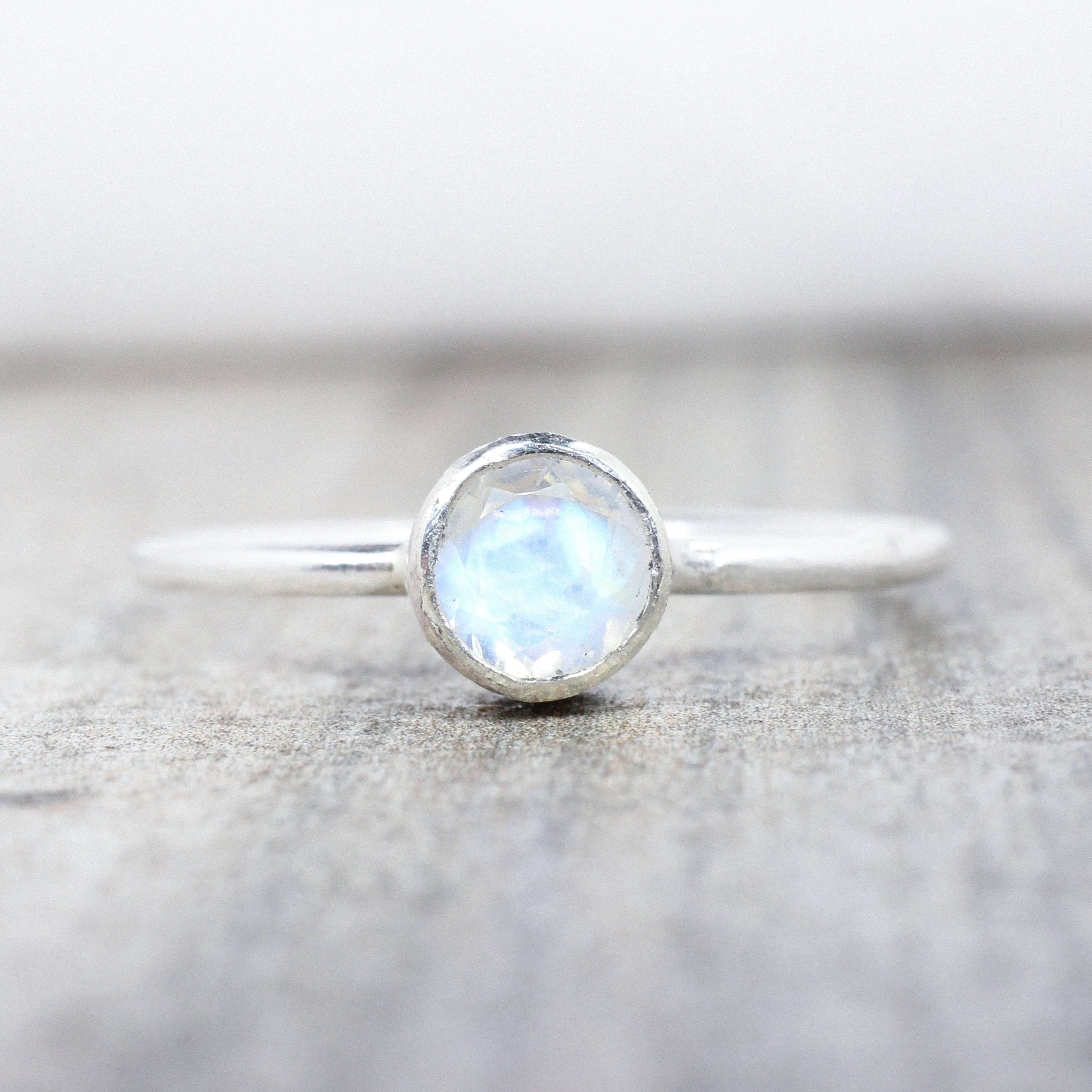 Sterling Silver Moonstone Stacking Ring // 5mm Faceted Gemstone June Birthstone Stackable Ring // Genuine Rainbow Moonstone