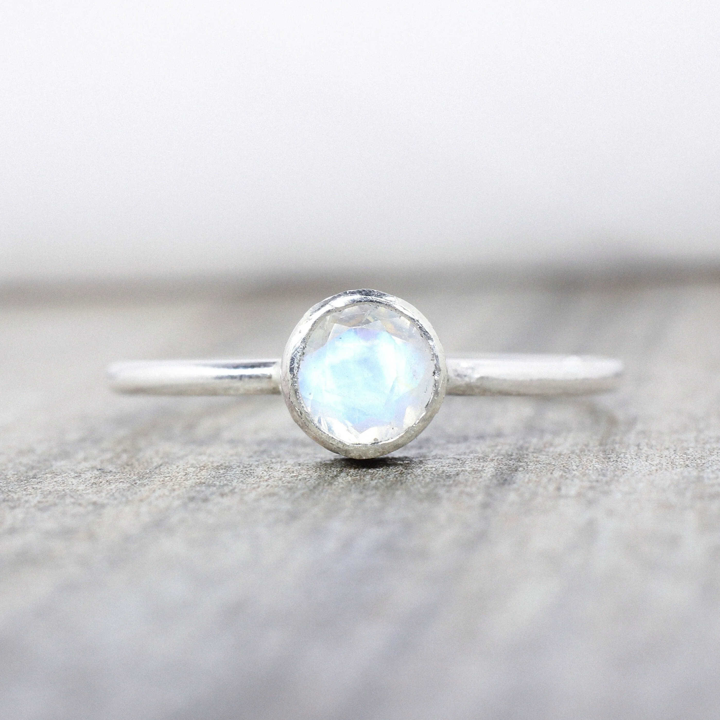 Sterling Silver Moonstone Stacking Ring // 5mm Faceted Gemstone June Birthstone Stackable Ring // Genuine Rainbow Moonstone