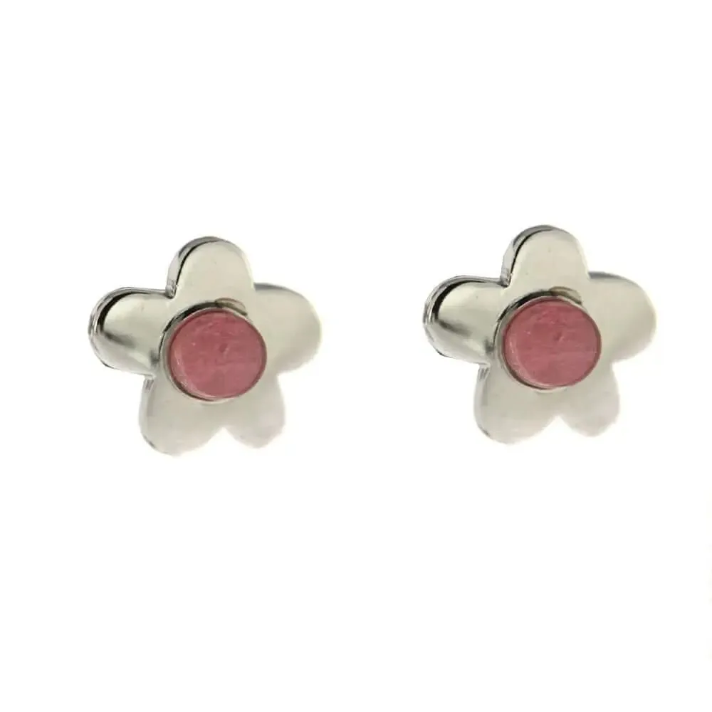 Sterling Silver Pink Cabochon Stone Flower Post Earrings