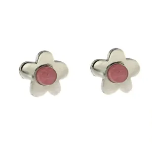 Sterling Silver Pink Cabochon Stone Flower Post Earrings