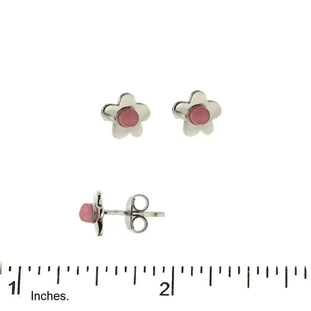 Sterling Silver Pink Cabochon Stone Flower Post Earrings