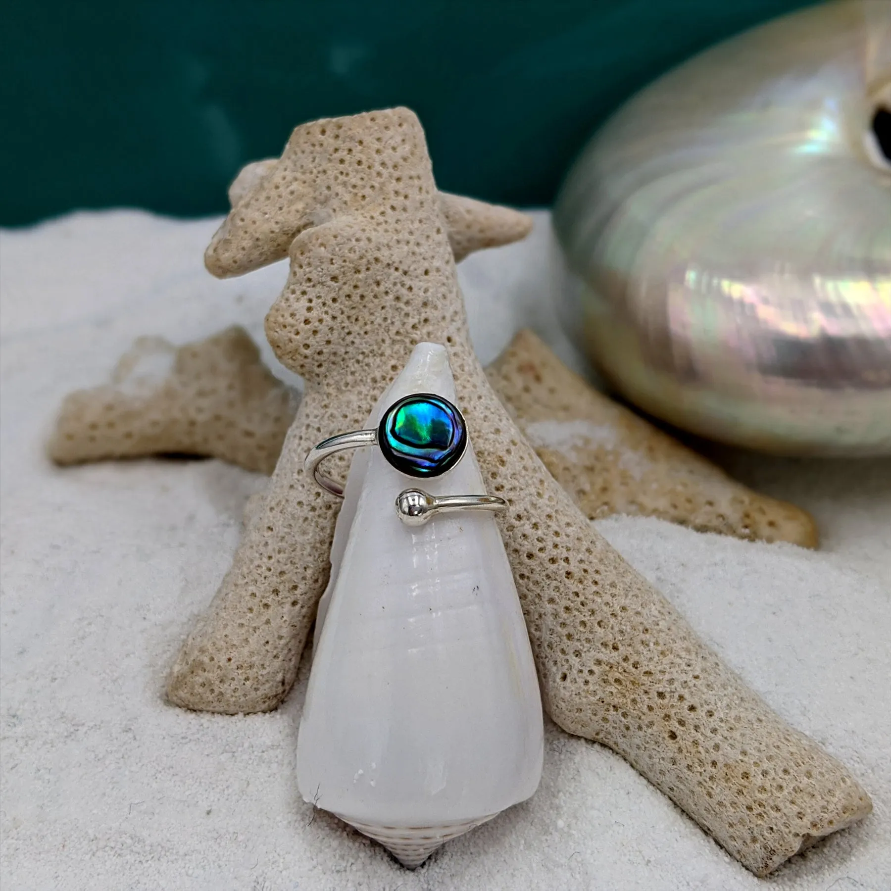 Sterling Silver Round Abalone Wrap Ring - Open Wraparound Band