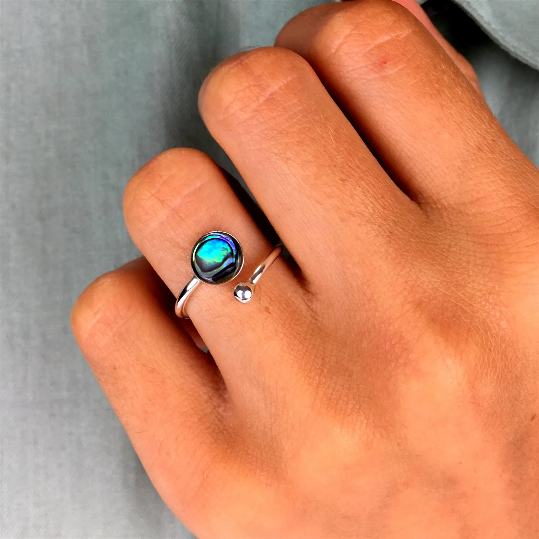 Sterling Silver Round Abalone Wrap Ring - Open Wraparound Band