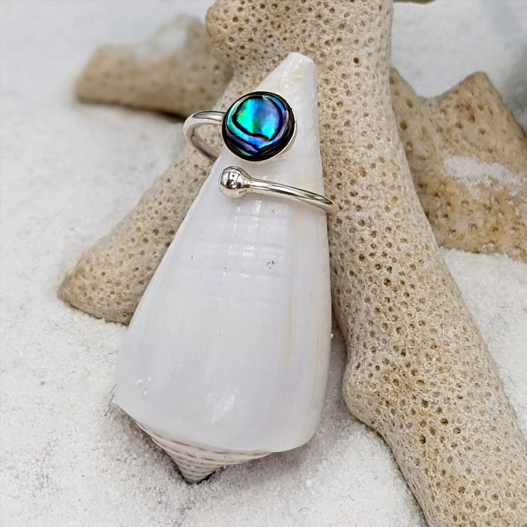 Sterling Silver Round Abalone Wrap Ring - Open Wraparound Band