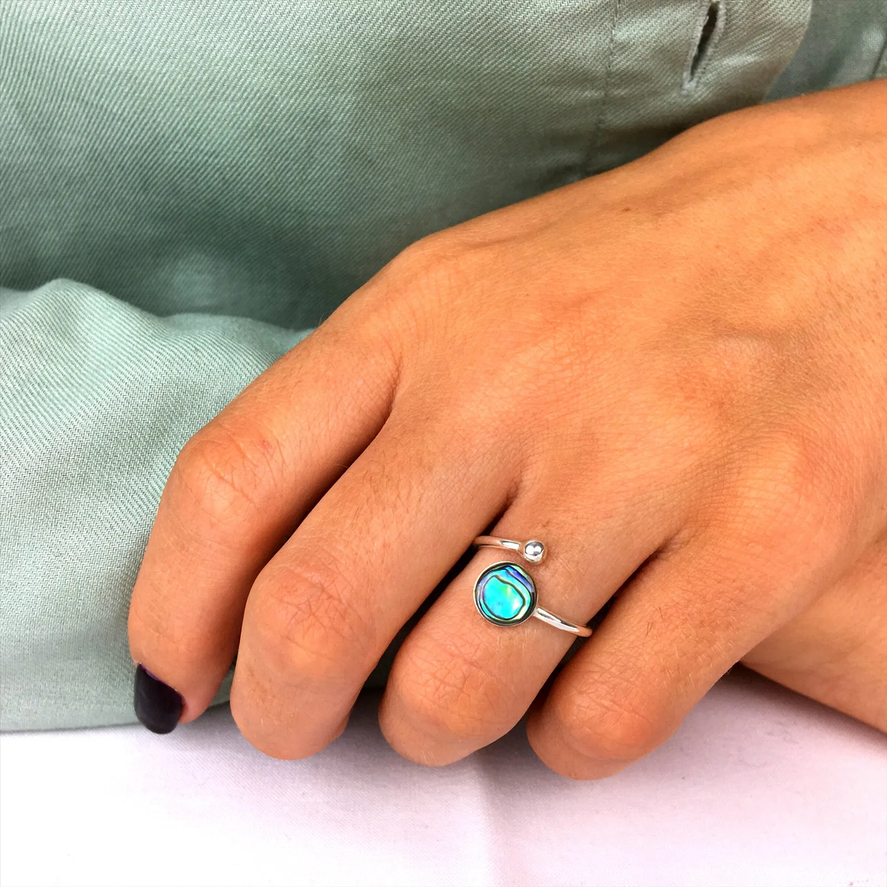 Sterling Silver Round Abalone Wrap Ring - Open Wraparound Band